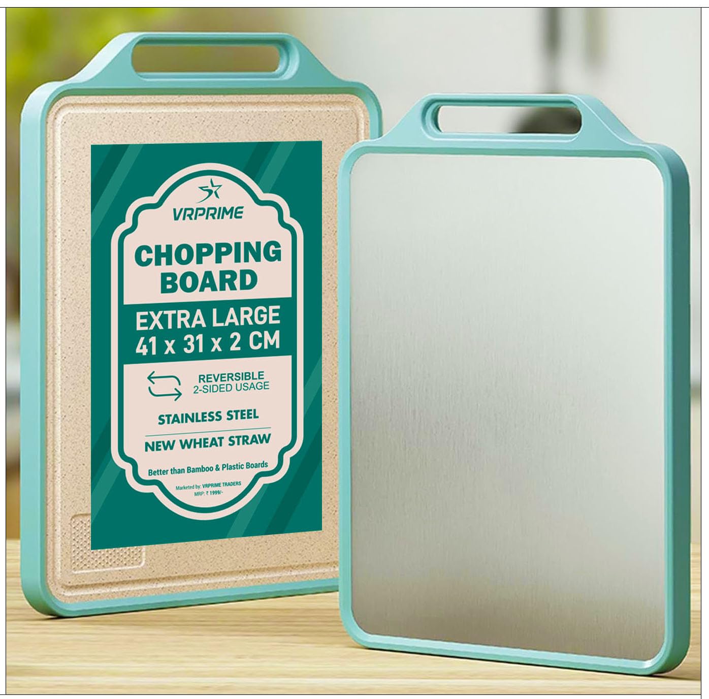 Dual Chopping Board for Kitchen - Natural Wheat Fiber + Stainless Steel - Large Anti-Slip