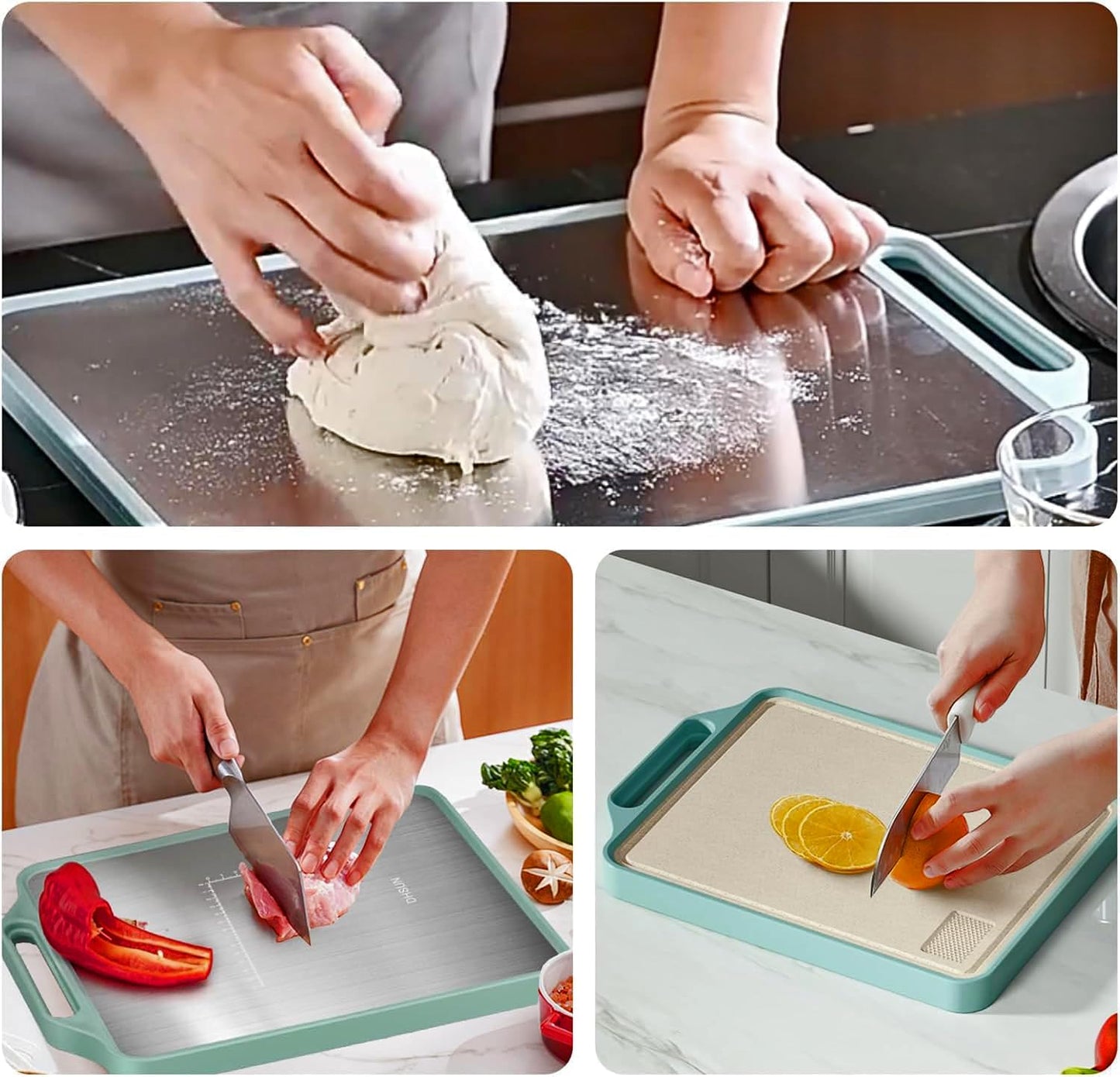 Dual Chopping Board for Kitchen - Natural Wheat Fiber + Stainless Steel - Large Anti-Slip