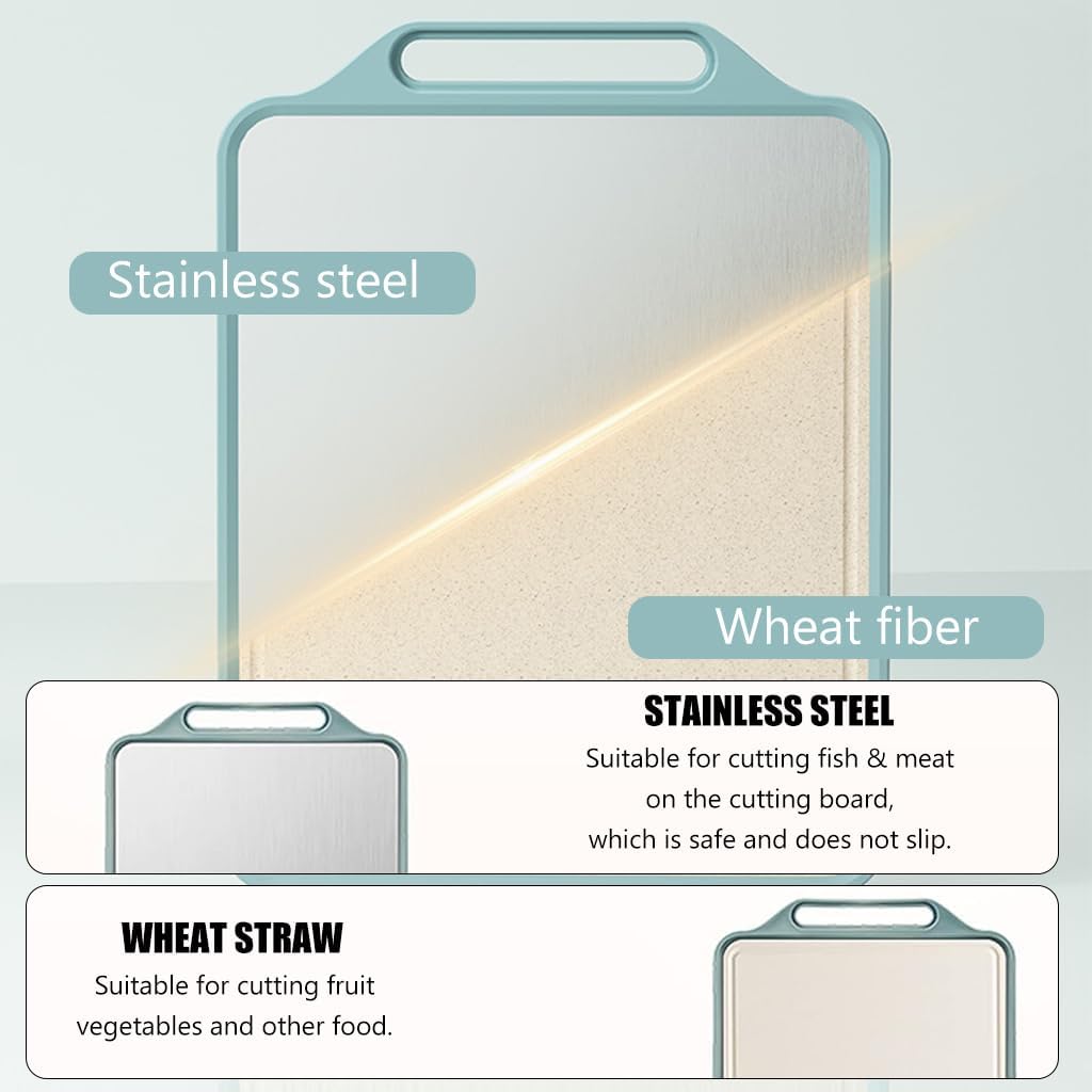 Dual Chopping Board for Kitchen - Natural Wheat Fiber + Stainless Steel - Large Anti-Slip