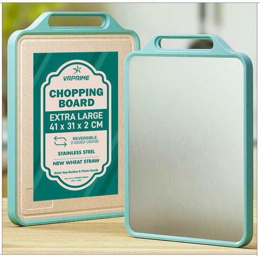 Dual Chopping Board for Kitchen - Natural Wheat Fiber + Stainless Steel - Large Anti-Slip